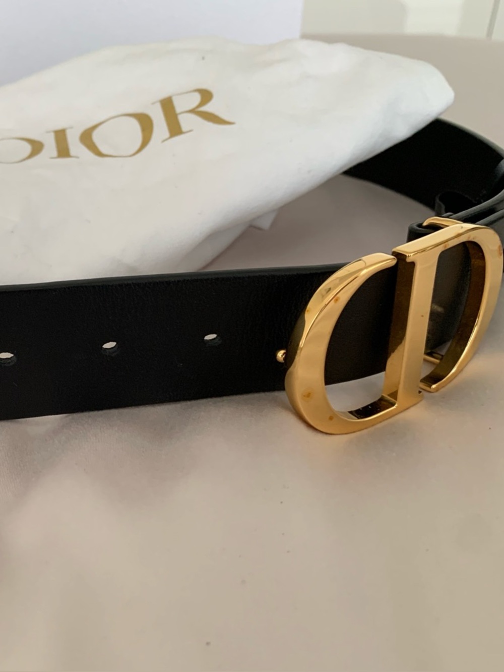Dior Montaigne Calfskin Black Leather Belt with Gold CD-Style Buckle Size 30